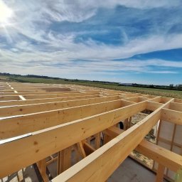 DREWNIAK HOLY WOOD GARDEN BARTOSZ KACPRZAK - Wnętrze domu w trakcie budowy, widoczne drewniane belki konstrukcyjne na tle błękitnego nieba z chmurami i zielonego krajobrazu. Ujęcie z dołu, podkreślające surowość konstrukcji.