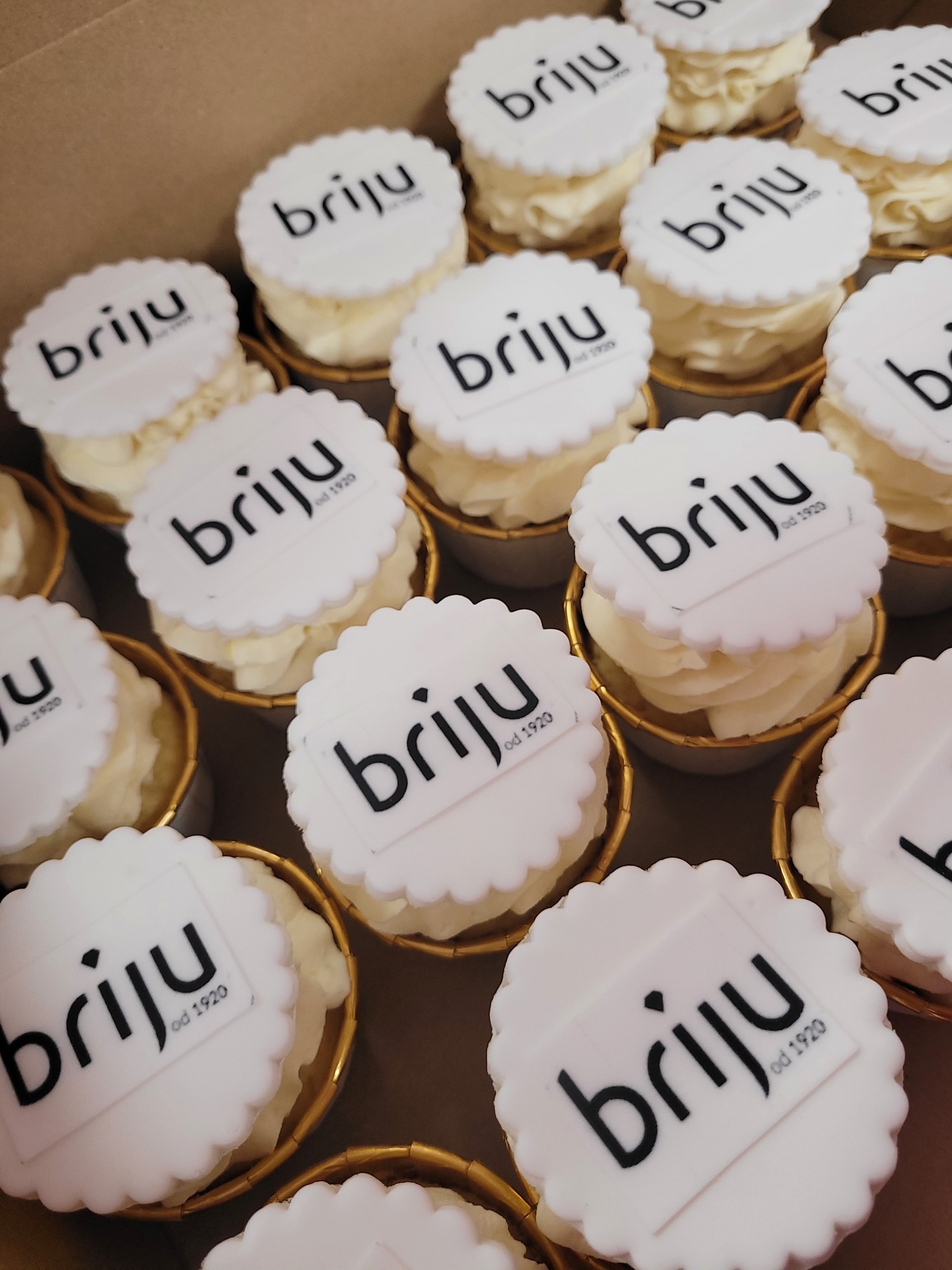 Pudełko pełne mini babeczek z białym kremem i logotypem 'briju od 1920' na wierzchu, każda w złotej papilotce. Widok z góry, bliskie ujęcie.