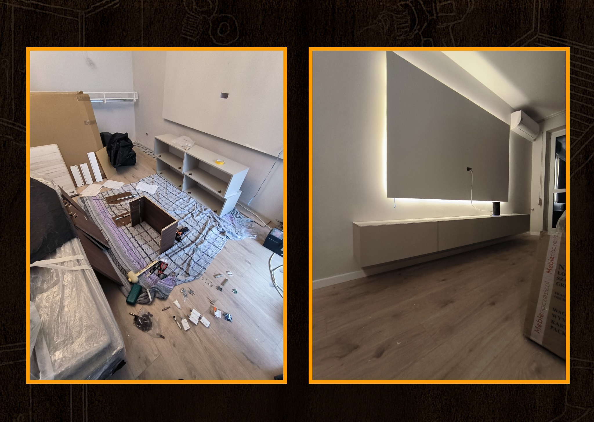Porównanie: Lewa strona ukazuje bałagan podczas składania mebli, prawa strona prezentuje efekt końcowy - minimalistyczną szafkę RTV z podświetleniem LED.