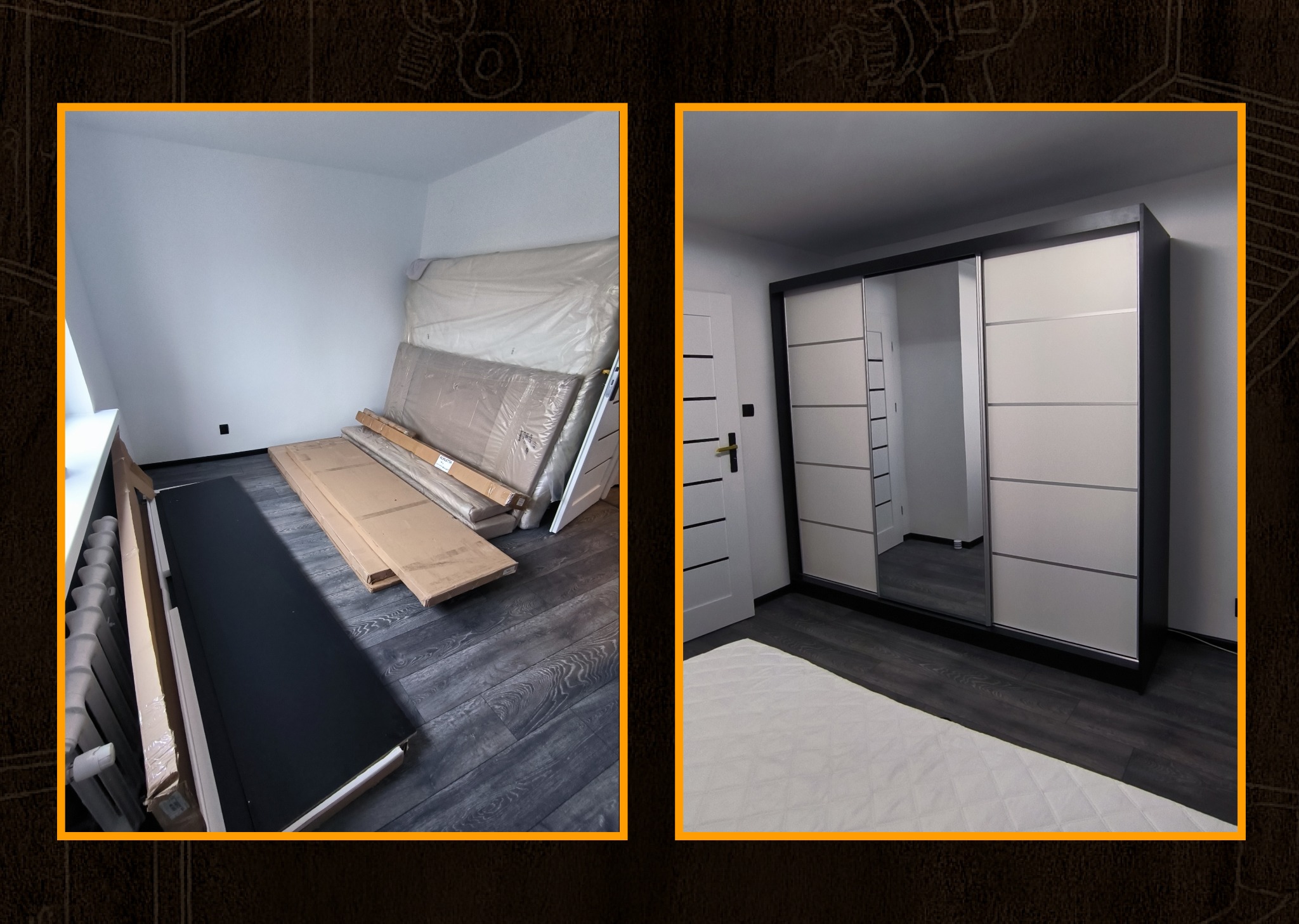 Porównanie: pokój przed i po. Po lewej: rozpakowane elementy mebli. Po prawej: szafa przesuwna z lustrami, białe drzwi. Ciemna podłoga.