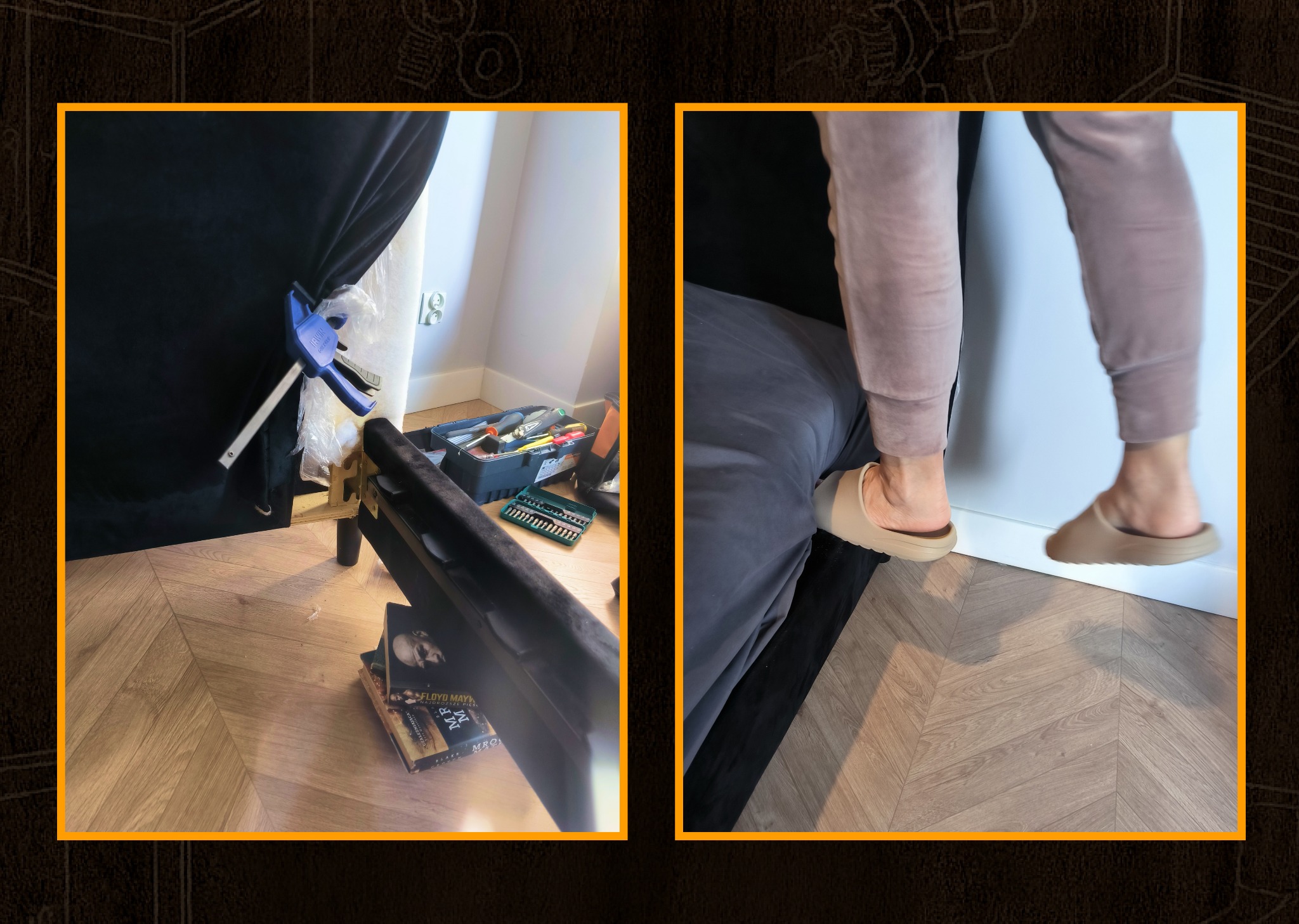 Fragment montażu tapicerowanego łóżka: zacisk stolarski, skrzynka z narzędziami, osoba w kapciach dociska element do ściany. Parkiet w jodełkę.