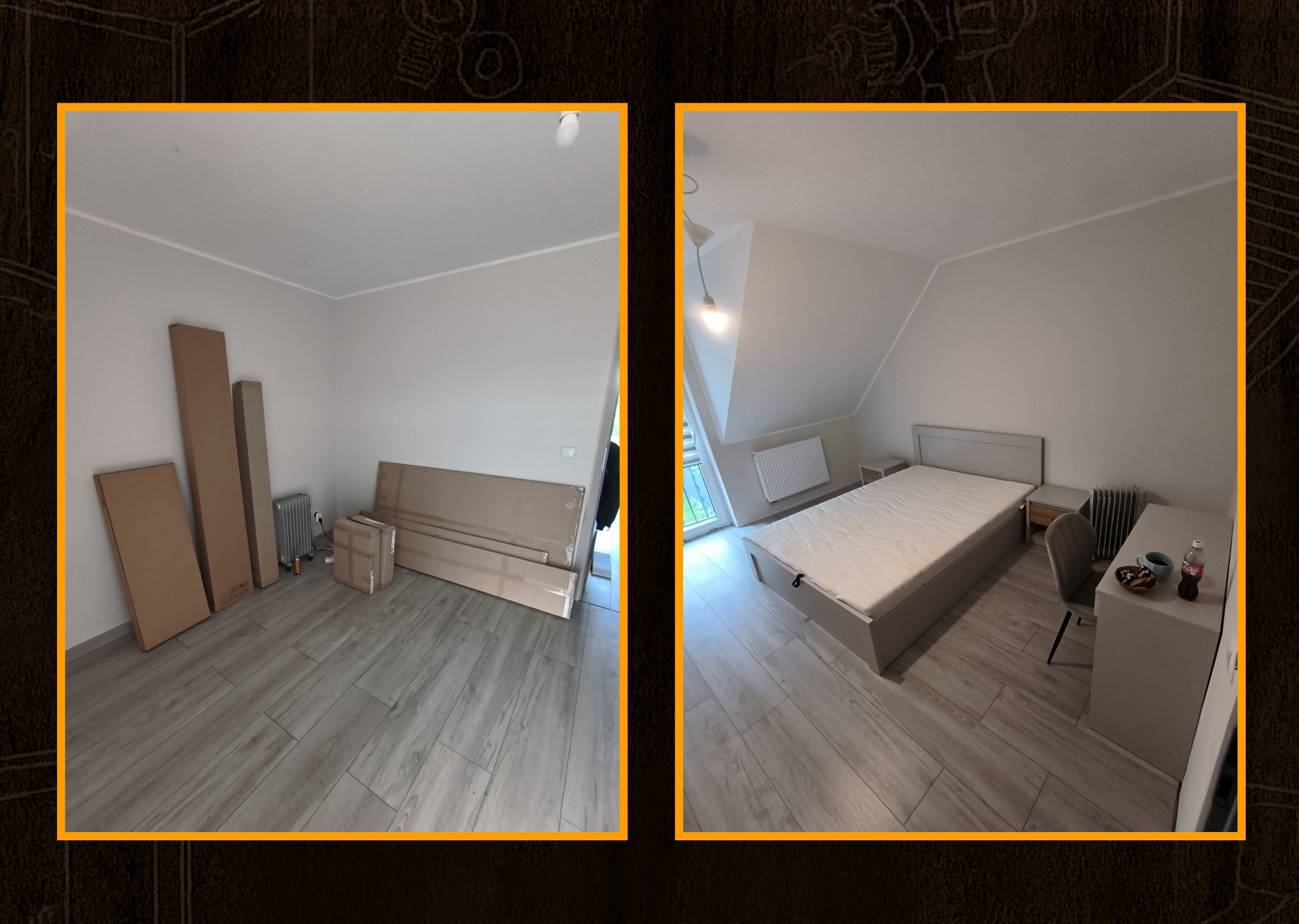 Pokój przed i po: kartony z meblami do złożenia kontra gotowe łóżko, biurko i krzesło. Widok na poddasze, jasne wnętrze, panele podłogowe.