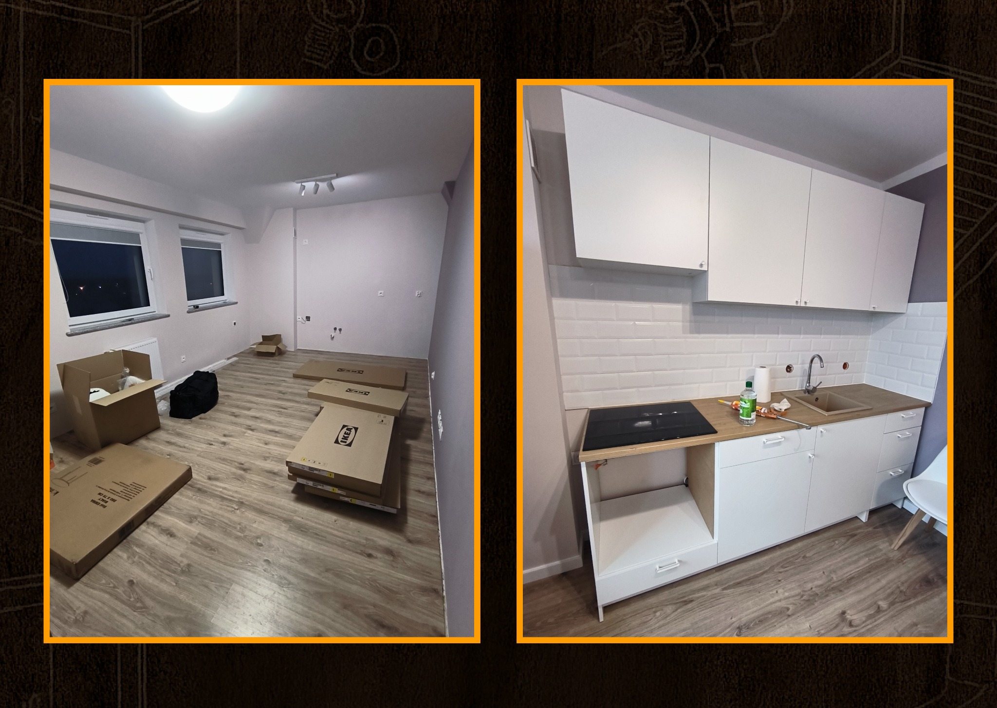 Porównanie: Pusta kuchnia z kartonami IKEA vs. biała zabudowa kuchenna z płytą, zlewem i armaturą. Widok na podłogę i fragment ściany z białymi płytkami.