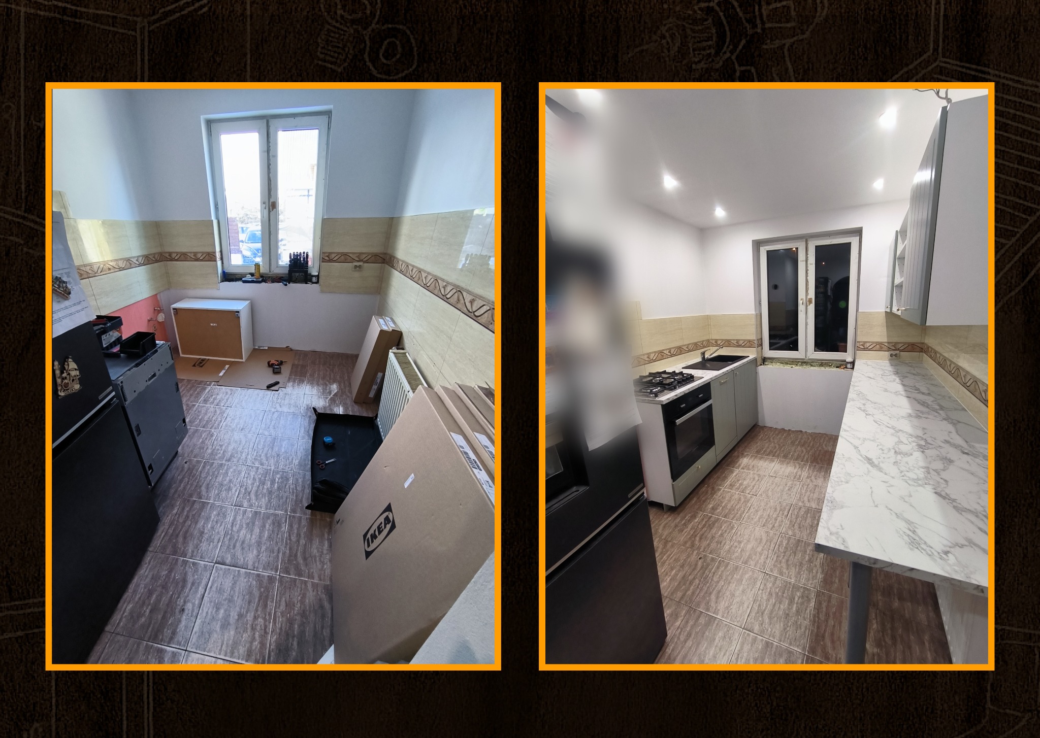 Kuchenne 'przed i po': od kartonów IKEA i surowego wnętrza do gotowej, jasnej kuchni z marmurowym blatem i nowoczesnym sprzętem AGD.