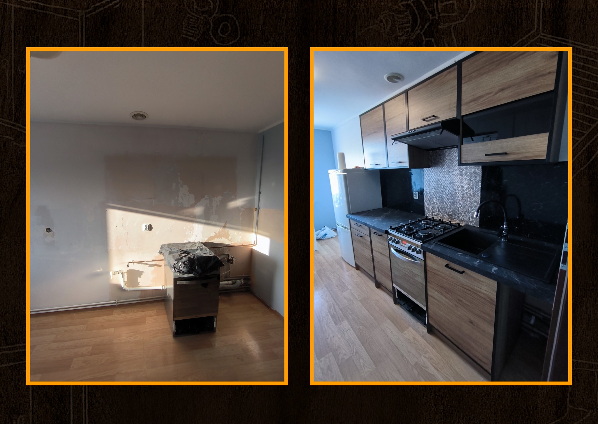 Kuchnia przed i po: surowe ściany kontra nowoczesna zabudowa z drewnianymi frontami, czarnym blatem i mozaiką. Widoczna kuchenka i lodówka.