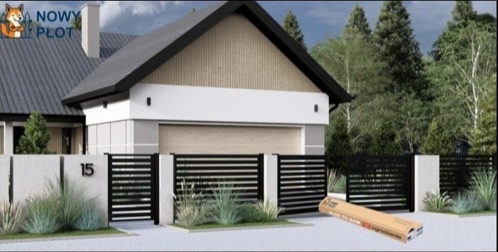 Nowoczesne ogrodzenie panelowe z poziomymi przęsłami w kolorze czarnym, zamontowane przed domem z jasną elewacją. Na pierwszym planie paczka z elementami ogrodzenia.