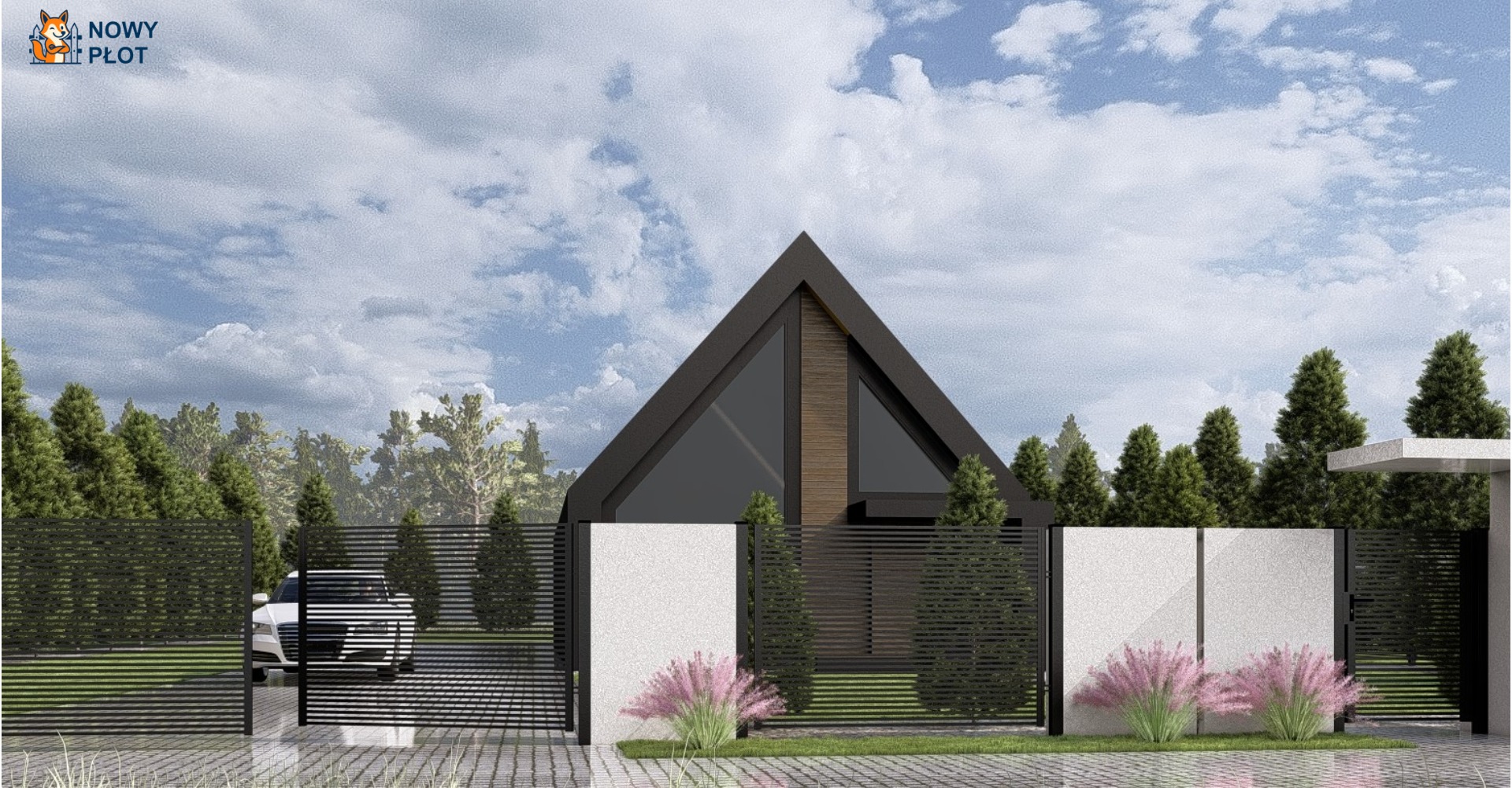 Wizualizacja domu z nowoczesnym, poziomym ogrodzeniem panelowym w kolorze antracytowym, z bramą wjazdową i elementami dekoracyjnymi z jasnego kamienia.