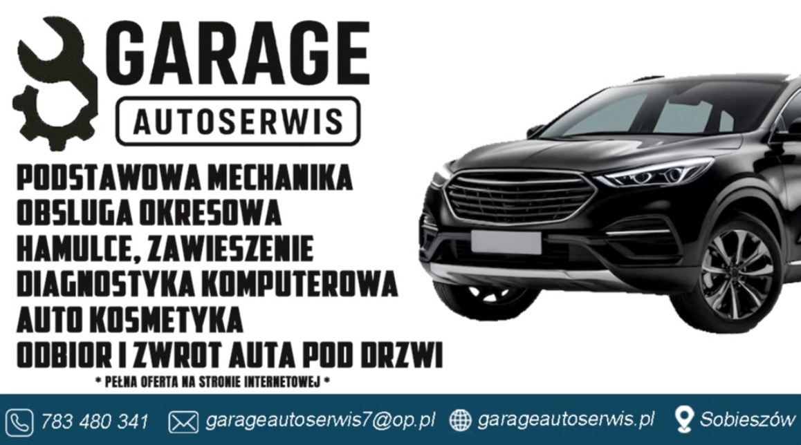 Czarny samochód na tle reklamy warsztatu: podstawowa mechanika, obsługa okresowa, diagnostyka komputerowa, auto kosmetyka, odbiór i zwrot auta pod drzwi.