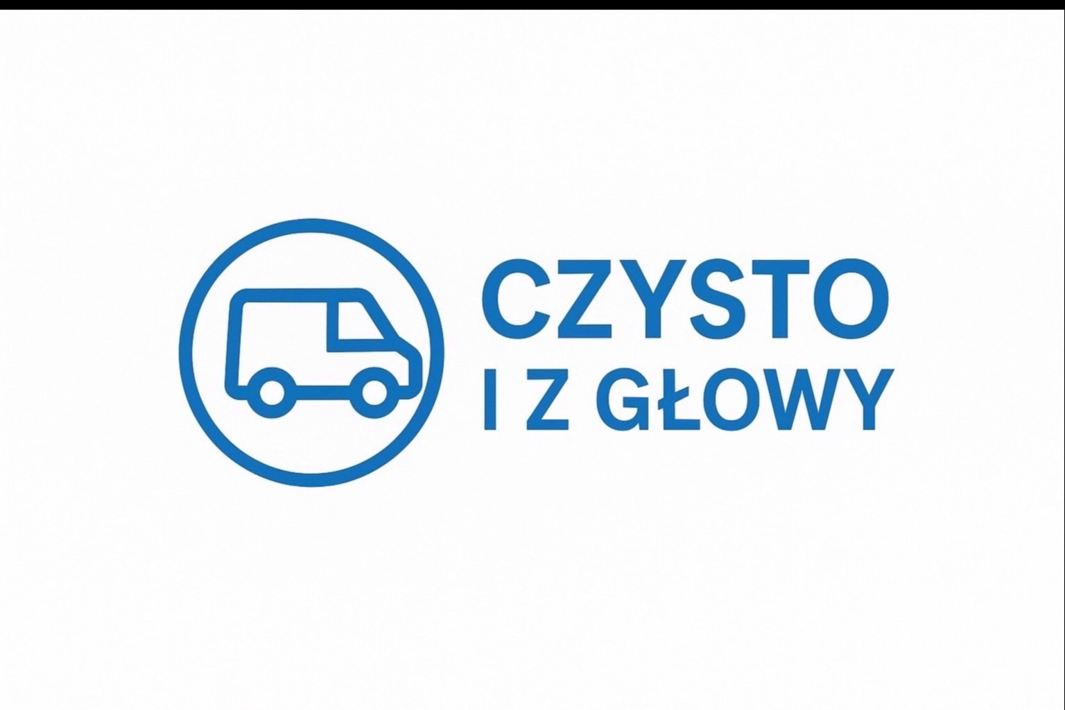 Grafika wektorowa: niebieski van w okręgu i napis 'CZYSTO I Z GŁOWY' na białym tle. Minimalistyczny design, sugerujący usługi porządkowe z dojazdem.
