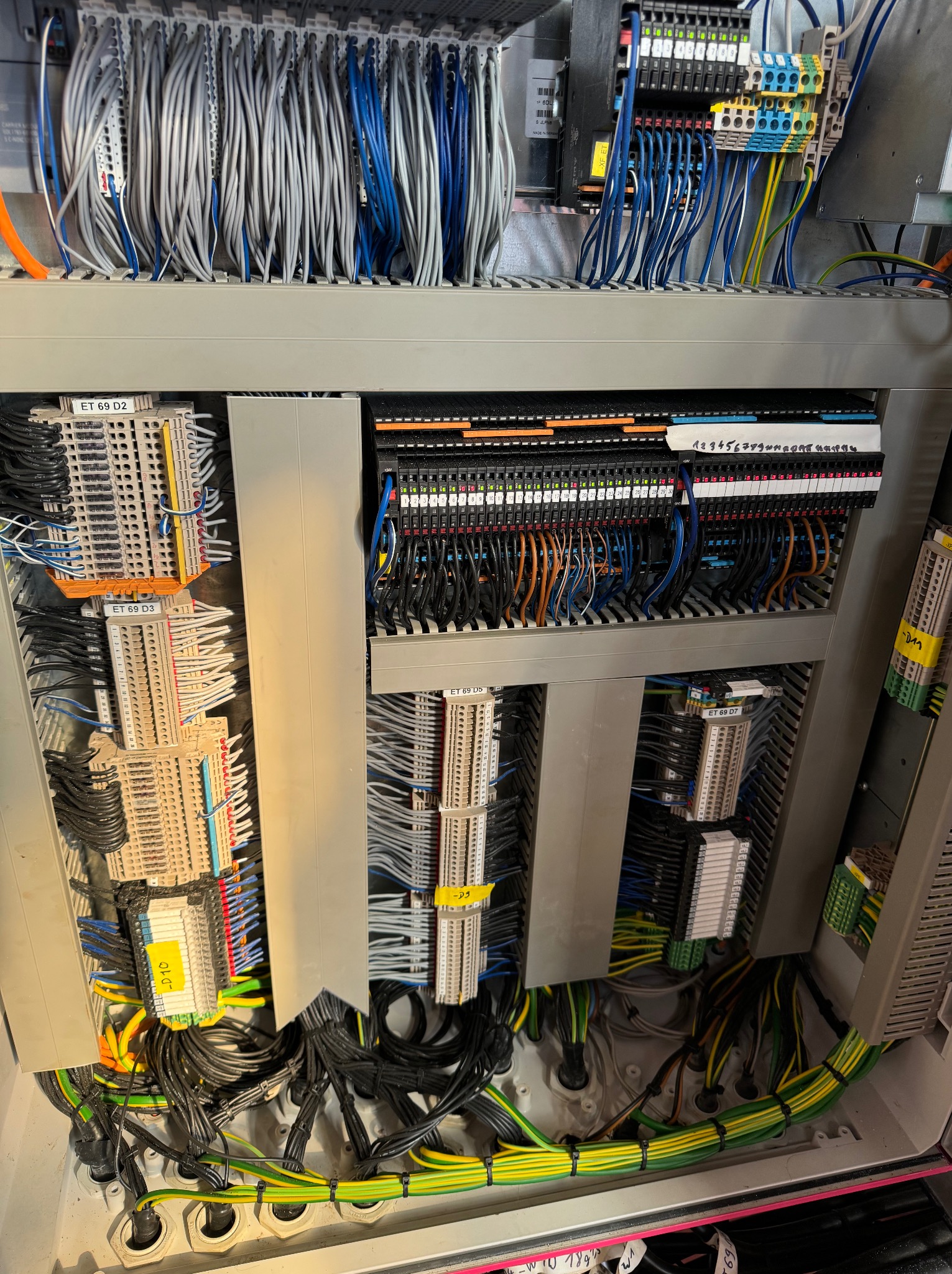 Rozdzielnica elektryczna z licznymi przewodami, złączkami i oznaczeniami. Widoczne kable w różnych kolorach, ułożone w uporządkowany sposób wewnątrz szafy sterowniczej.