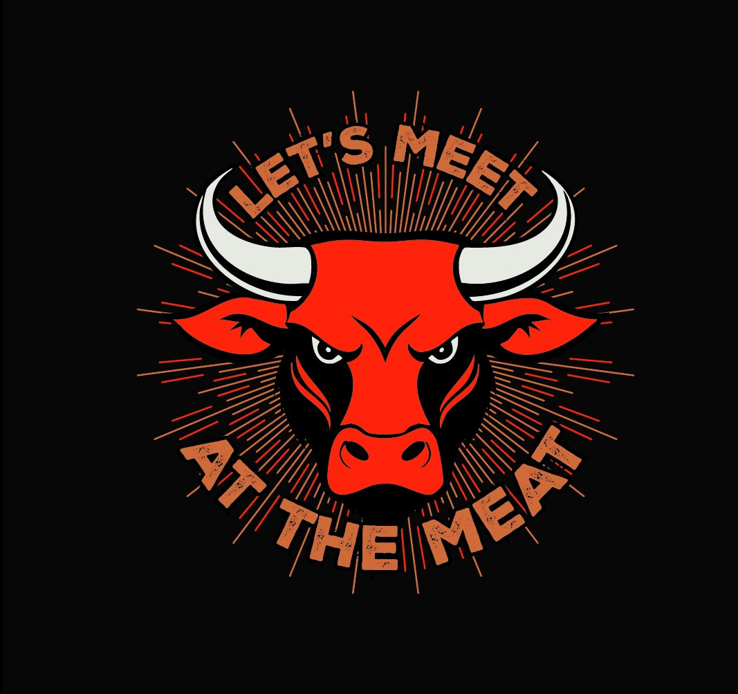 Grafika z czerwoną głową byka i napisem 'Let's meet at the meat' na czarnym tle, sugerująca spotkanie w miejscu związanym z mięsem.
