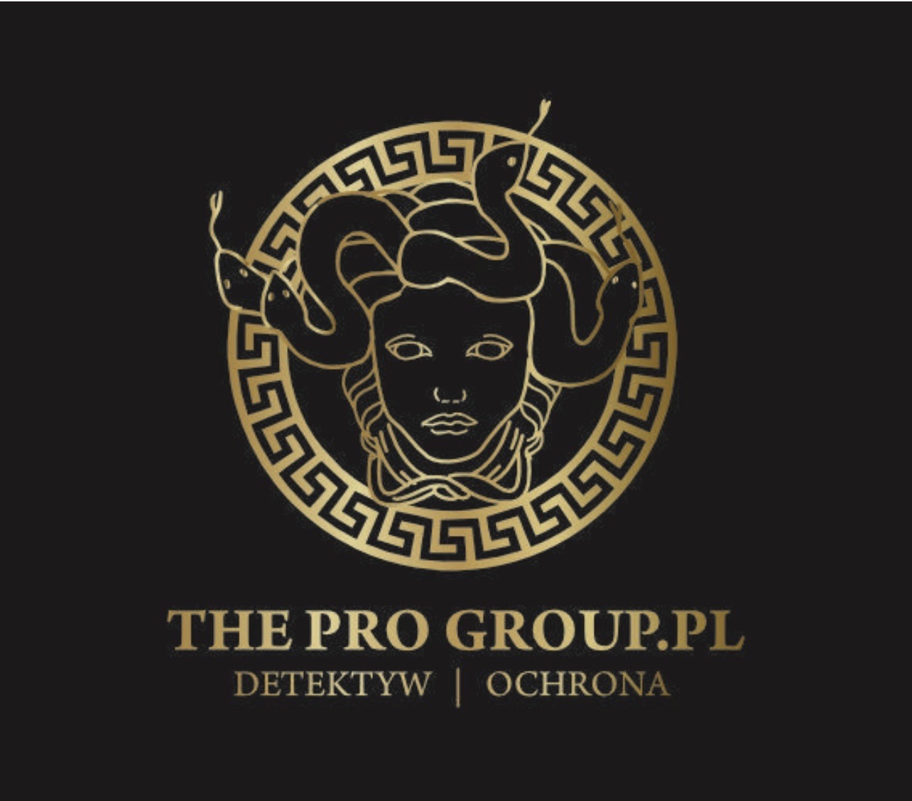 Złote logo firmy THE PRO GROUP.PL na czarnym tle. Grafika przedstawia głowę Meduzy w okręgu z ornamentem. Pod spodem napis: DETEKTYW | OCHRONA.