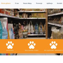 Helisa Factory Sp. z o.o. - Strona internetowa sklepu zoologicznego Ale Animale z widokiem na półki pełne produktów dla zwierząt, z pomarańczowym banerem z hasłami promocyjnymi.