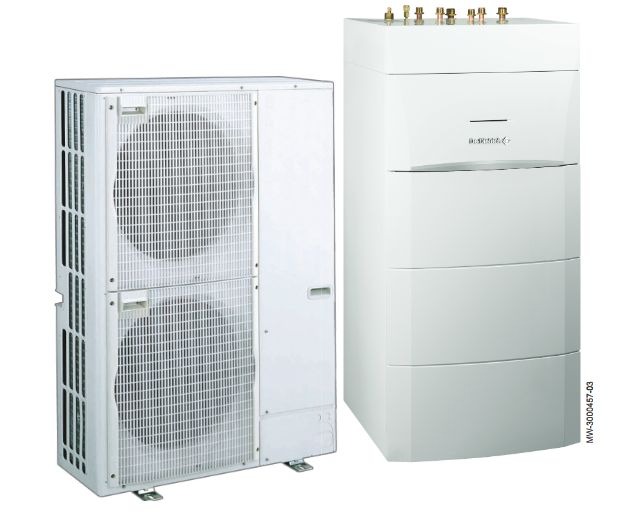 Biała, dwuczęściowa pompa ciepła marki Buderus, z widocznymi wentylatorami i przyłączami, na białym tle. Prezentacja urządzenia w całości.