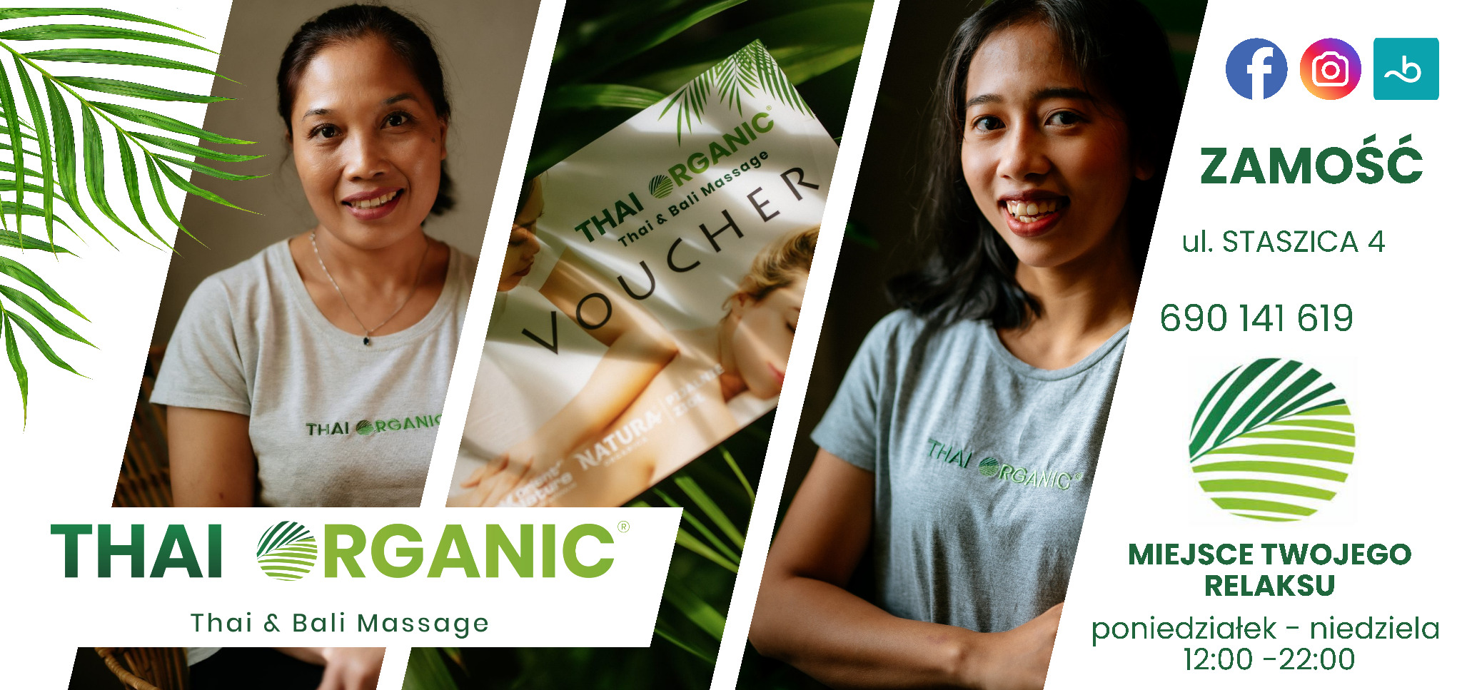 Uśmiechnięte kobiety z voucherem Thai Organic, prezentacja oferty masażu Thai & Bali w Zamościu, z zielonymi akcentami roślinnymi i danymi kontaktowymi.
