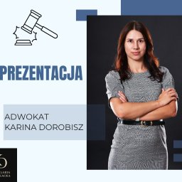 Kancelaria Adwokacka Adwokat Karina Dorobisz - Portret adwokatki Kariny Dorobisz z napisem 'Reprezentacja' i symbolem młotka sędziowskiego, na tle w odcieniach błękitu i granatu.