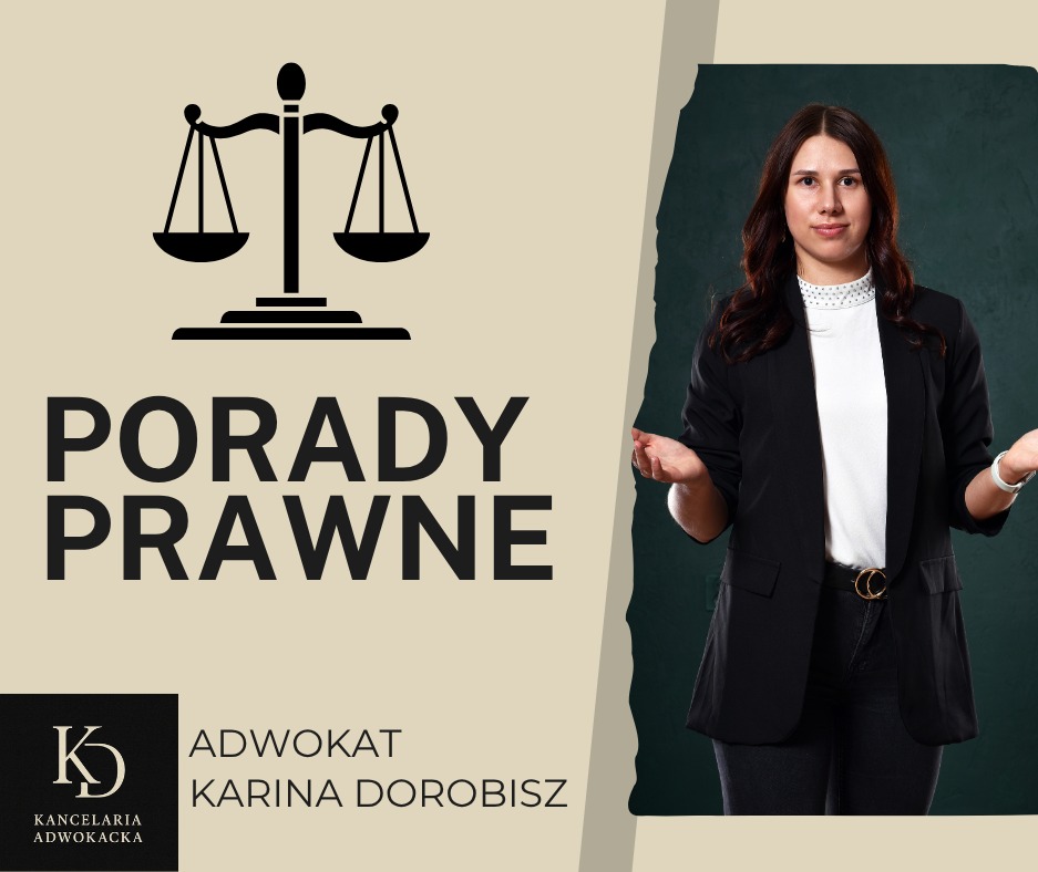 Grafika z wagą Temidy i napisem 'Porady Prawne'. Obok stoi uśmiechnięta adwokat w czarnym żakiecie. W tle ciemnozielona ściana i beżowe tło.