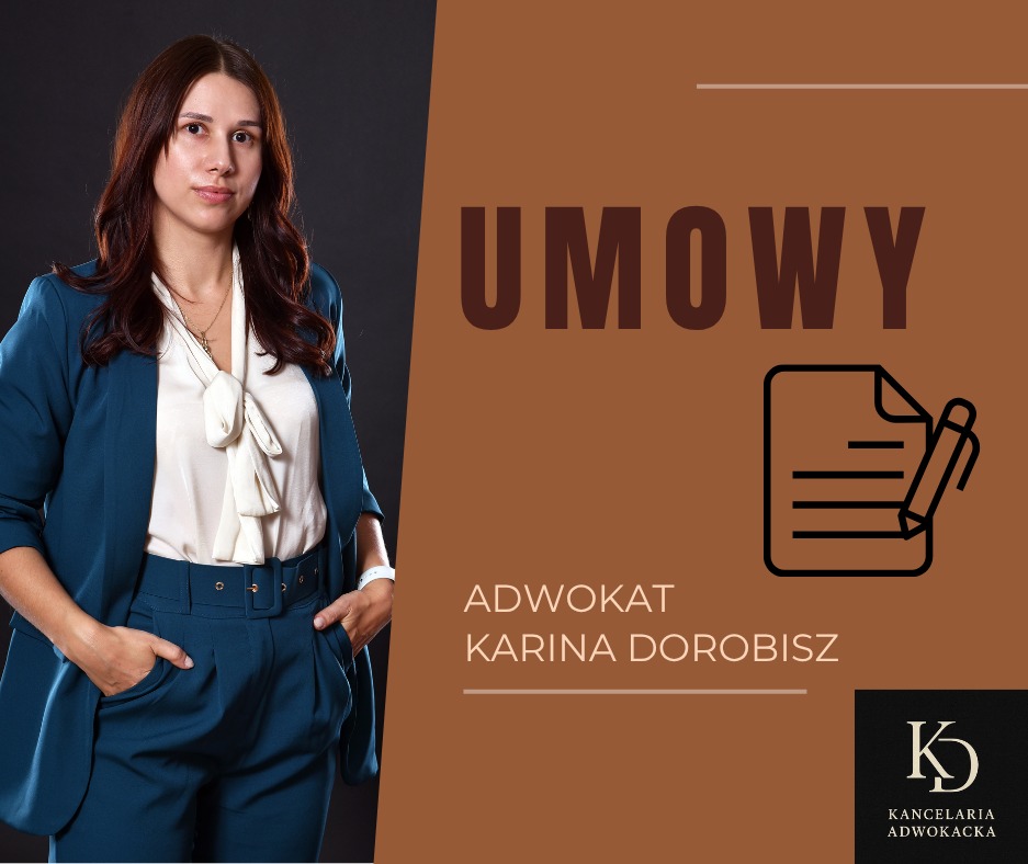 Portret adwokatki Kariny Dorobisz w niebieskim garniturze, obok grafika umowy i logo kancelarii na brązowym tle. Profesjonalny wizerunek prawnika.