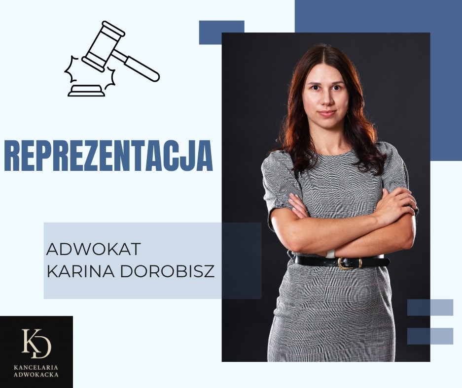 Portret adwokatki Kariny Dorobisz z napisem 'Reprezentacja' i symbolem młotka sędziowskiego, na tle w odcieniach błękitu i granatu.