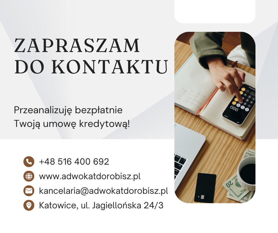 Zaproszenie do kontaktu z kancelarią: analiza umowy kredytowej. Kalkulator na telefonie, notatnik, laptop, pieniądze. Katowice, ul. Jagiellońska 24/3.