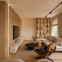REDLICKI STUDIO Piotr Redlisz-Redlicki - Jasne wnętrze salonu z drewnianymi akcentami: schody, regał z podświetleniem, telewizor na ścianie. Stonowana kolorystyka, duże okno z widokiem na zieleń.