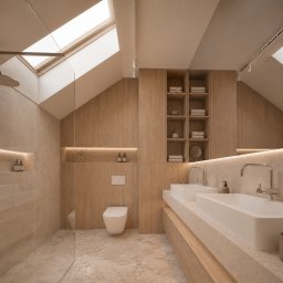REDLICKI STUDIO Piotr Redlisz-Redlicki - Jasna łazienka na poddaszu ze świetlikiem, drewnianą zabudową, dwiema umywalkami i kabiną prysznicową oddzieloną szybą. Minimalistyczny design, ciepłe oświetlenie.