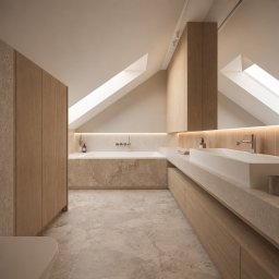 REDLICKI STUDIO Piotr Redlisz-Redlicki - Jasna łazienka na poddaszu z oknami dachowymi. Beżowe płytki, drewniane szafki, wanna i umywalka w minimalistycznym stylu. Oświetlenie LED podkreśla detale.