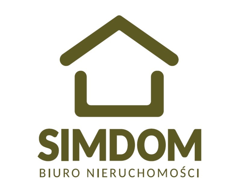 Logo SIMDOM Biuro Nieruchomości: ikona domu w odcieniach zieleni nad nazwą firmy i dopiskiem 'Biuro Nieruchomości' w kolorze khaki na białym tle.