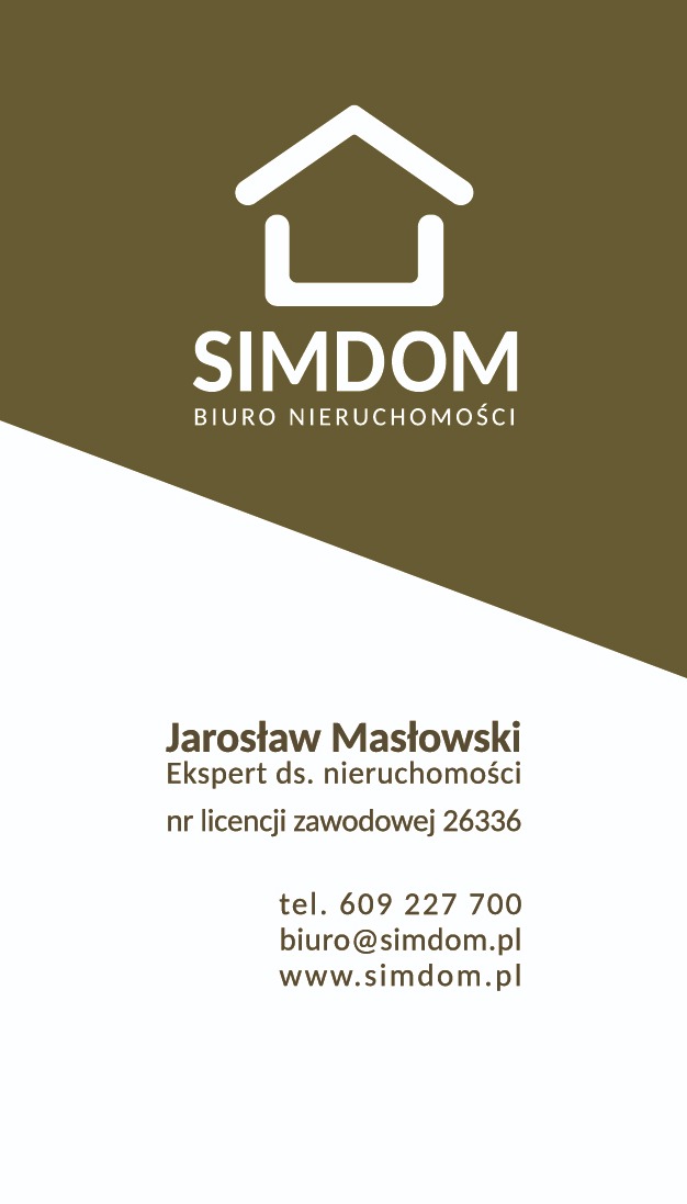 Wizytówka biura nieruchomości Simdom z logo domu, danymi kontaktowymi i imieniem eksperta Jarosława Masłowskiego oraz numerem licencji zawodowej.