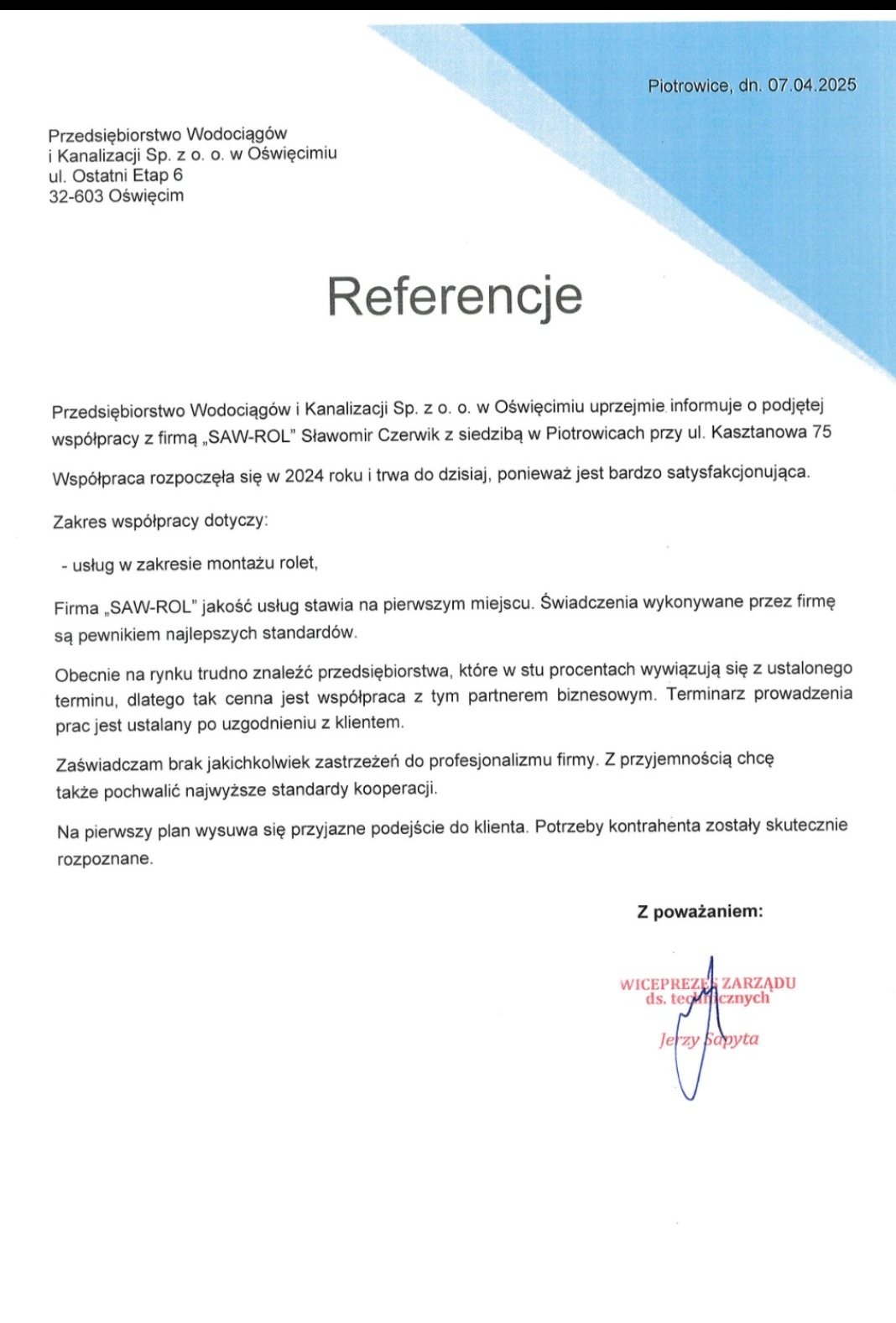Referencje dla firmy SAW-ROL za montaż rolet od Przedsiębiorstwa Wodociągów i Kanalizacji Sp. z o. o. w Oświęcimiu. Dokument z datą 07.04.2025.