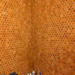 Pomarańczowe, okrągłe płytki mozaikowe na ścianach i podłodze w rogu łazienki. Widoczne akcesoria łazienkowe i fragment ramy obrazu. Nietypowe wykończenie.