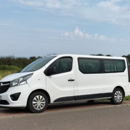 JS RENT Sebastian Jurczak - Biały bus Opel Vivaro na tle zieleni i błękitnego nieba. Pojazd zaparkowany przy drodze, widoczny z boku, z lekkiego skosu. W tle zieleń i morze.