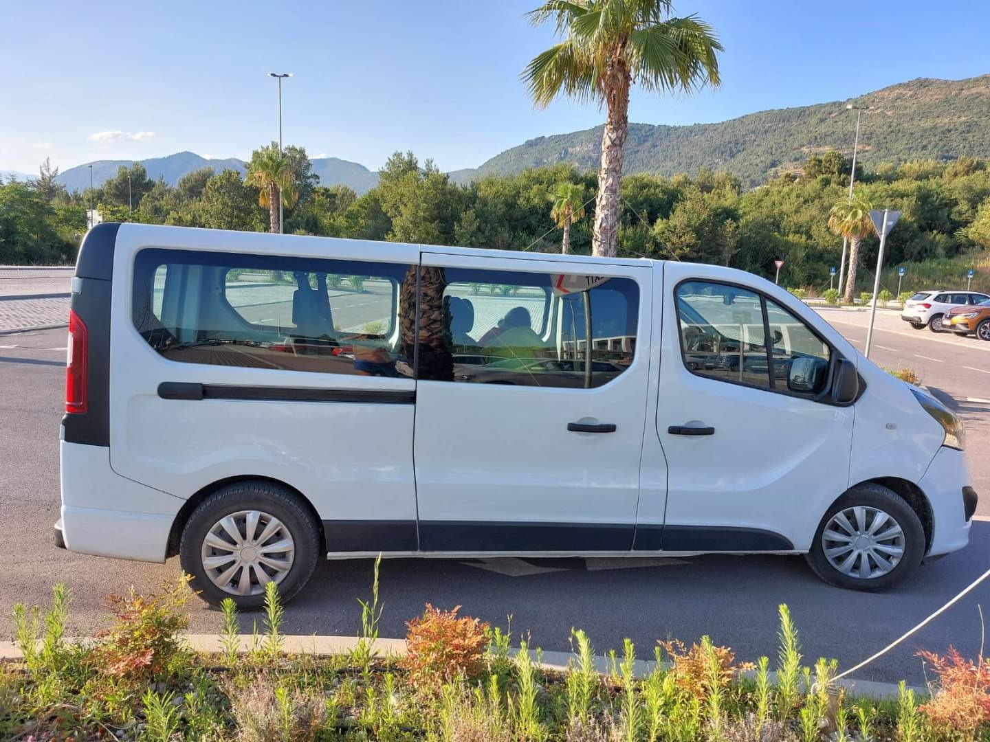 Biały bus z przyciemnianymi szybami na tle palm i gór. Pojazd zaparkowany na poboczu, widoczne inne samochody w oddali. Słoneczny dzień.
