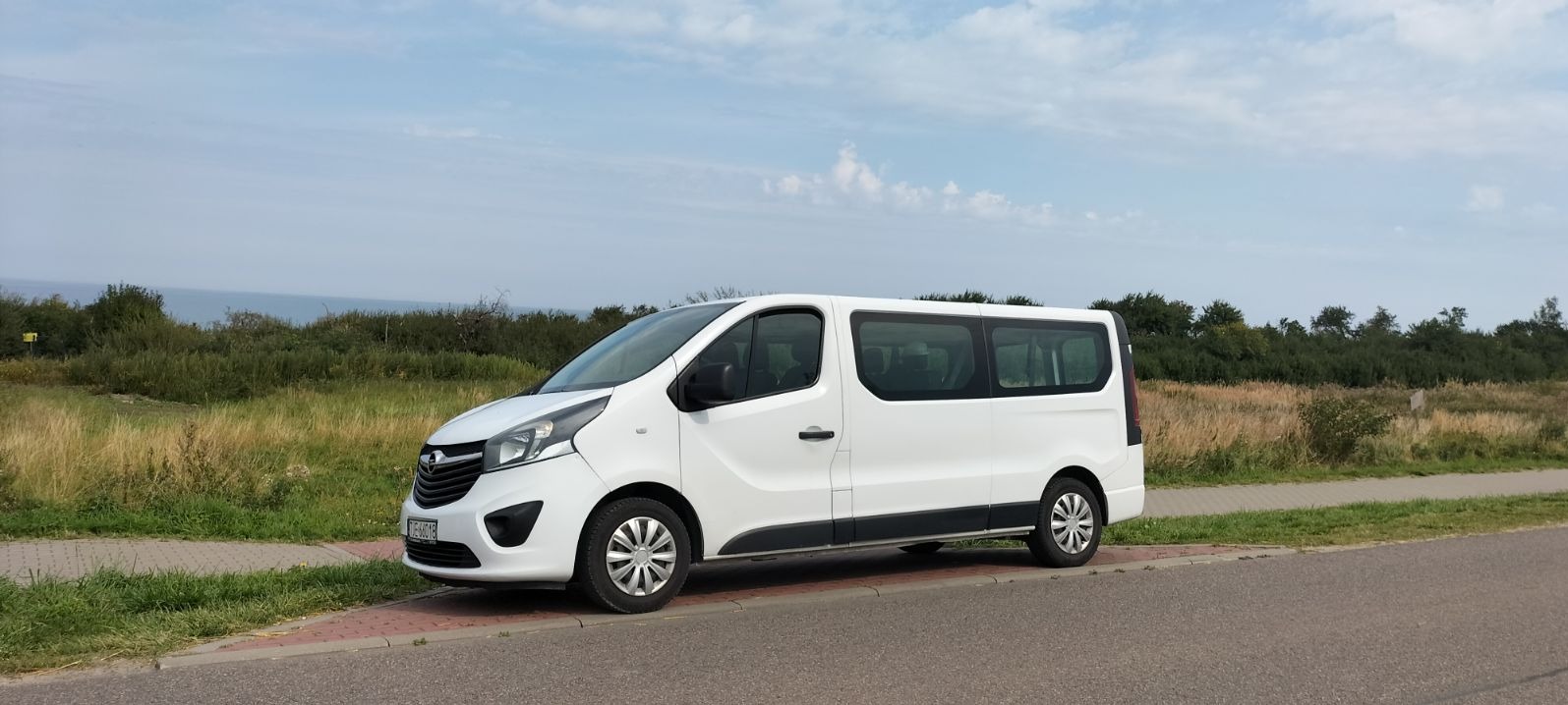 Biały bus Opel Vivaro na tle zieleni i błękitnego nieba. Pojazd zaparkowany przy drodze, widoczny z boku, z lekkiego skosu. W tle zieleń i morze.