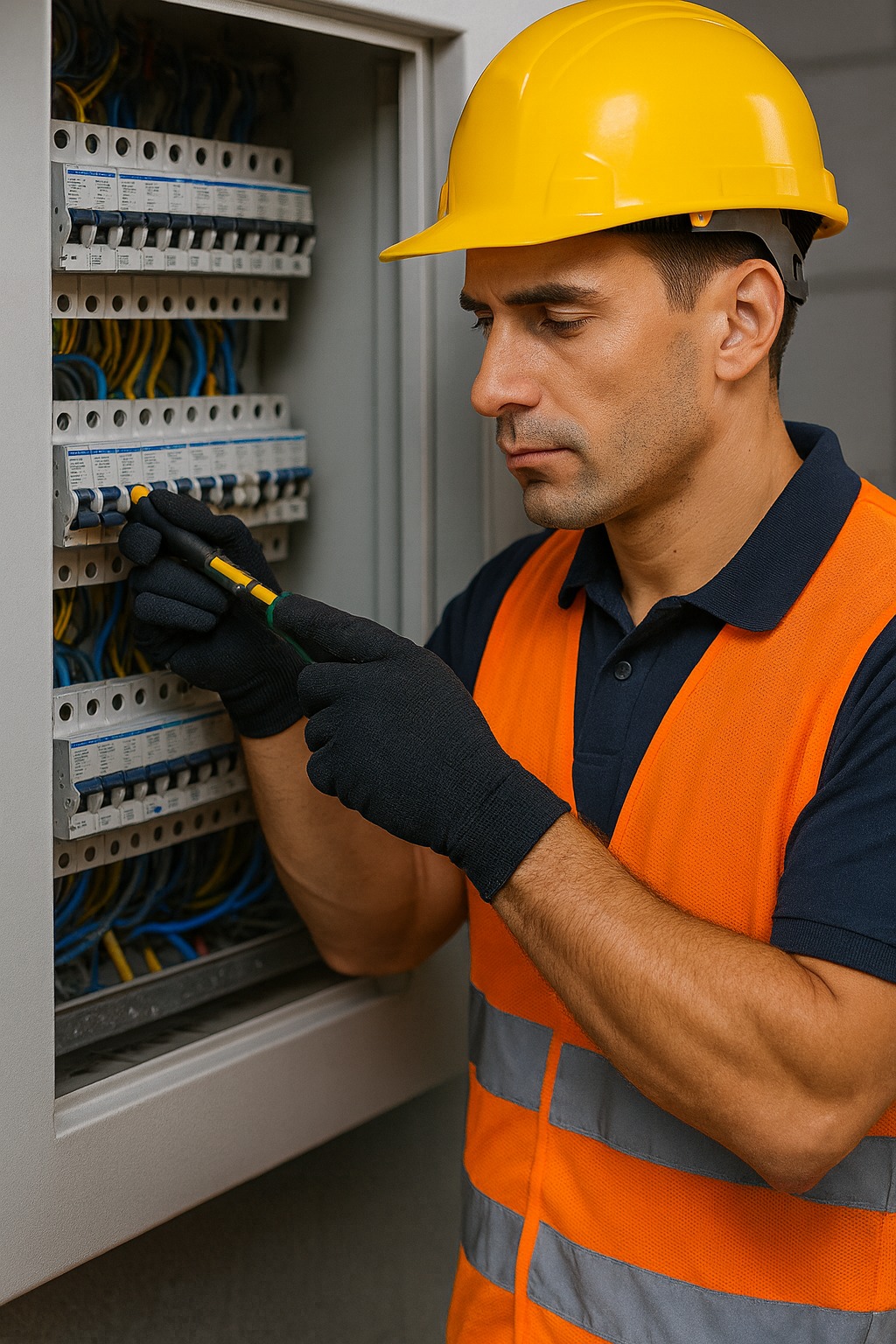 Elektryk w kasku i kamizelce, sprawdza bezpieczniki w skrzynce narzędziem. Widoczne przewody i aparatura. Ujęcie z profilu, skupione na pracy.