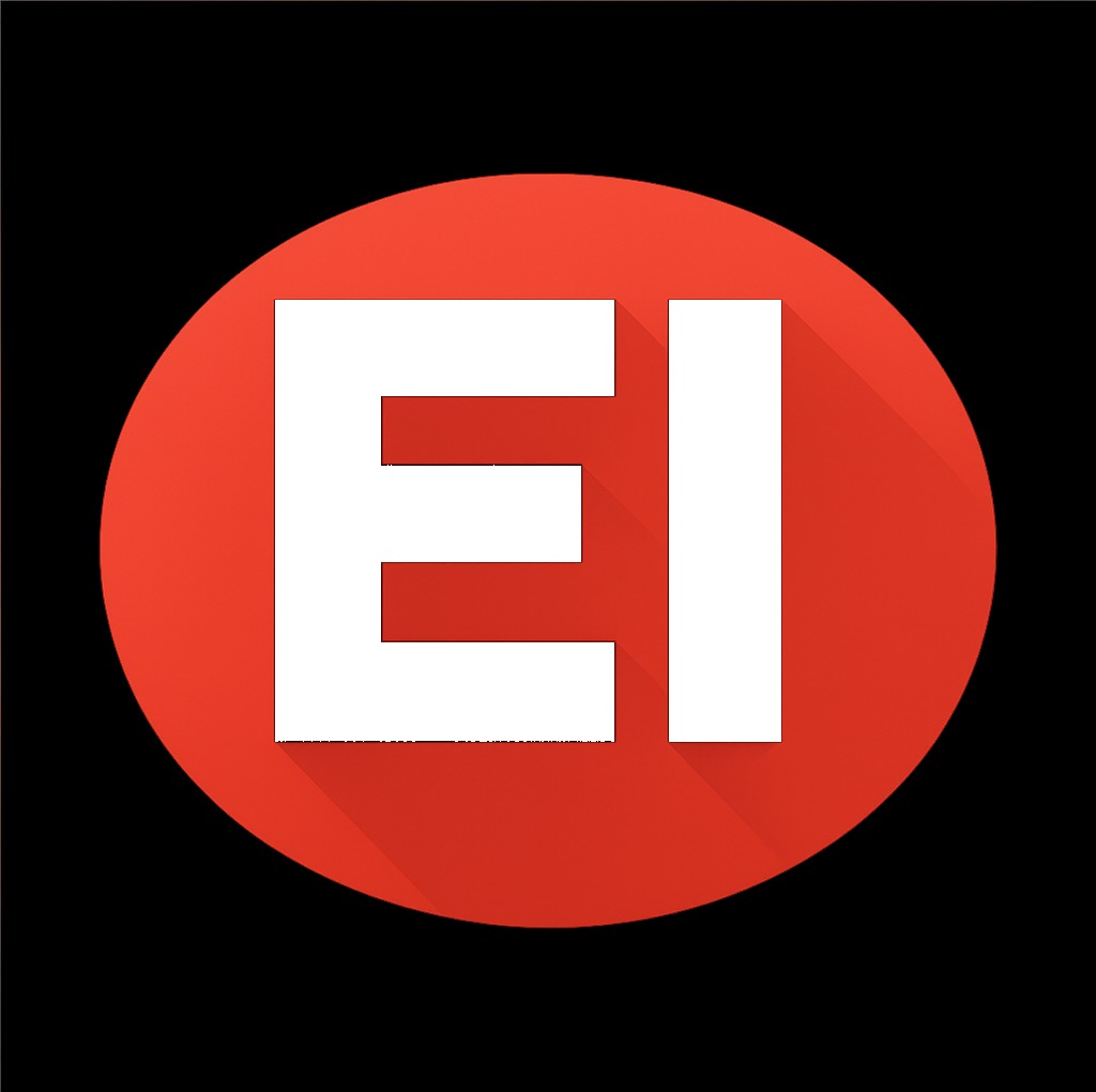 Czerwone koło z białymi literami 'EI' na czarnym tle. Prosty, nowoczesny logotyp z cieniem, sugerujący firmę lub markę.