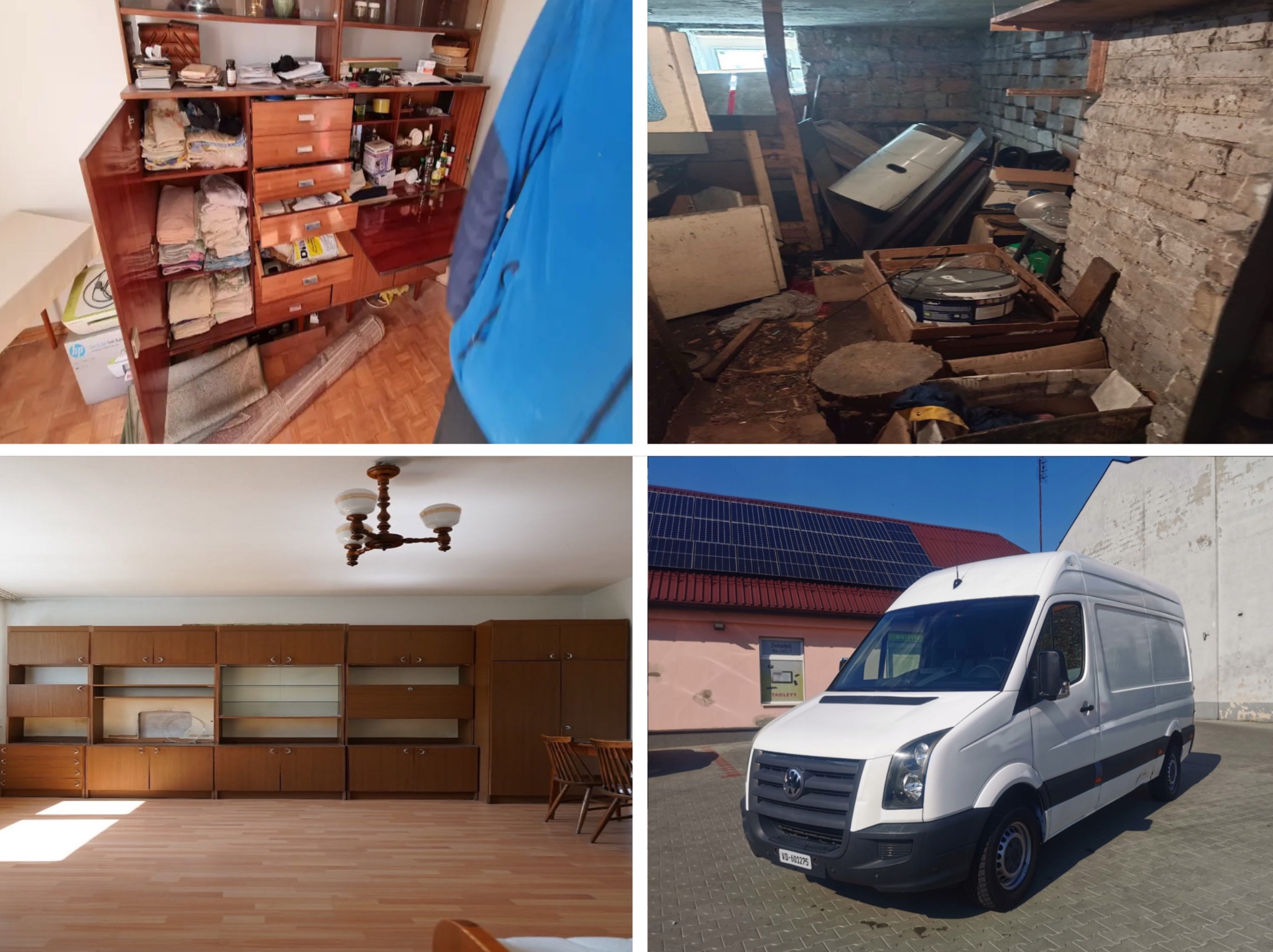 Cztery kadry: meble przed opróżnianiem, zagracona piwnica, puste mieszkanie po usunięciu mebli, biały bus na tle budynku z panelami słonecznymi. Opróżnianie.