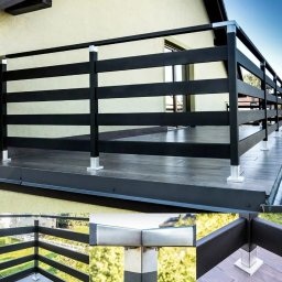 SYNCTERRA SPÓŁKA Z OGRANICZONĄ ODPOWIEDZIALNOŚCIĄ - Nowoczesna, czarna balustrada balkonowa z poziomymi szczeblami i srebrnymi słupkami, zamontowana na balkonie z drewnopodobną podłogą. Detale połączeń w dolnej części kadru.