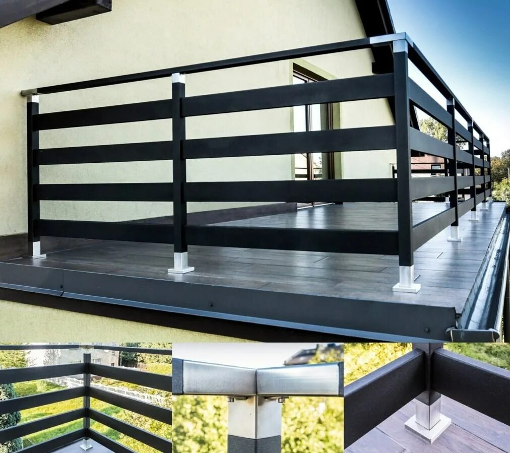Nowoczesna, czarna balustrada balkonowa z poziomymi szczeblami i srebrnymi słupkami, zamontowana na balkonie z drewnopodobną podłogą. Detale połączeń w dolnej części kadru.