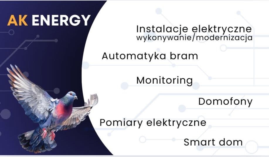 Grafika AK Energy z gołębiem w locie, prezentująca usługi: instalacje elektryczne, automatyka bram, monitoring, domofony, pomiary elektryczne i smart dom na ciemnoniebieskim tle.