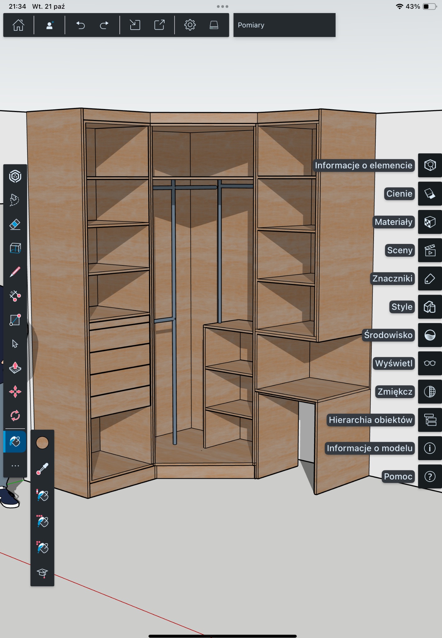 Wizualizacja 3D szafy narożnej z biurkiem, widok z perspektywy, z otwartymi półkami i drążkami na ubrania, interfejs programu do projektowania mebli widoczny po bokach.