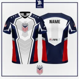 Koszulka sportowa z nadrukiem Flying Falcons, widok z przodu i z tyłu. Biało-granatowo-czerwona kolorystyka, logo drużyny i miejsce na nazwisko gracza. Grafika w ramce.