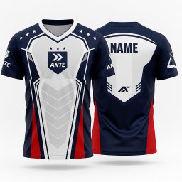 JUST U SPÓŁKA Z OGRANICZONĄ ODPOWIEDZIALNOŚCIĄ - Koszulka sportowa z nadrukiem ANTE, widok z przodu i z tyłu. Granatowo-biało-czerwona kolorystyka, gwiazdy na ramionach, logo i miejsce na imię na plecach. Grafika wektorowa.