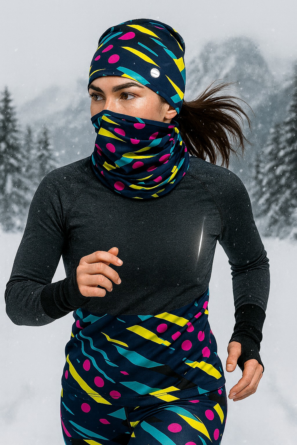 Biegająca kobieta w sportowym komplecie: czarna koszulka, legginsy, komin i czapka w geometryczne wzory (różowe kropki, żółte i turkusowe paski) na tle zimowego krajobrazu.