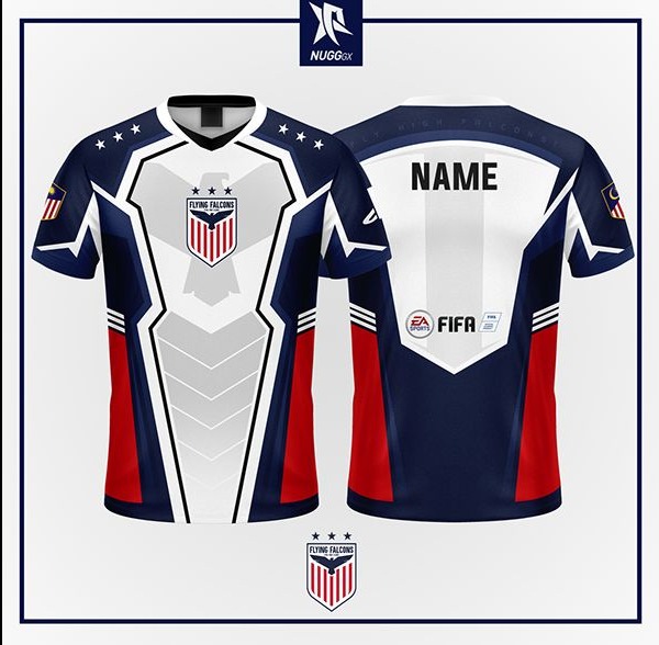 Koszulka sportowa z nadrukiem Flying Falcons, widok z przodu i z tyłu. Biało-granatowo-czerwona kolorystyka, logo drużyny i miejsce na nazwisko gracza. Grafika w ramce.