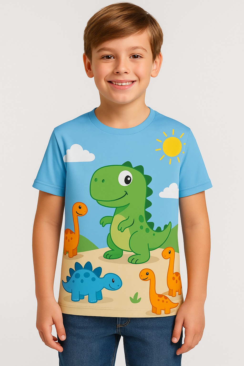 Chłopiec w niebieskiej koszulce z nadrukiem dinozaurów na tle słonecznego krajobrazu. Uśmiechnięty, z brązowymi włosami, ubrany w jeansy. Jasne tło.
