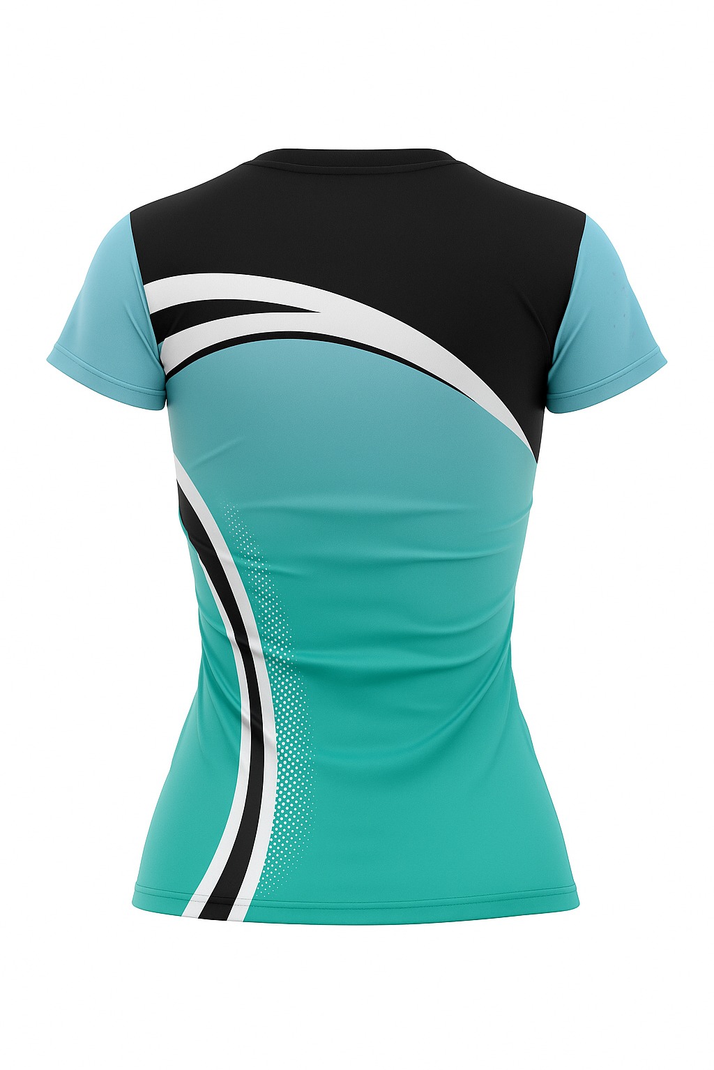 Turkusowa damska koszulka sportowa z czarnym karczkiem i białymi paskami, widok z tyłu na białym tle. Graficzny wzór z efektem kropek.