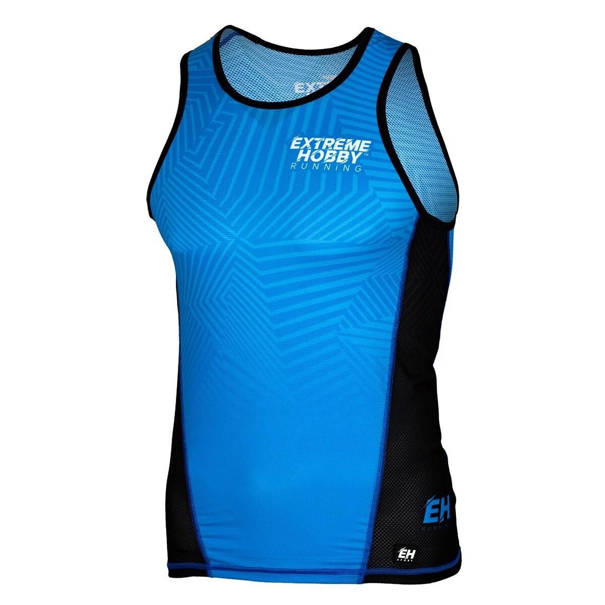 Niebieska, sportowa koszulka bez rękawów z czarnymi wstawkami po bokach i logo 'Extreme Hobby Running' na piersi, prezentowana na białym tle.