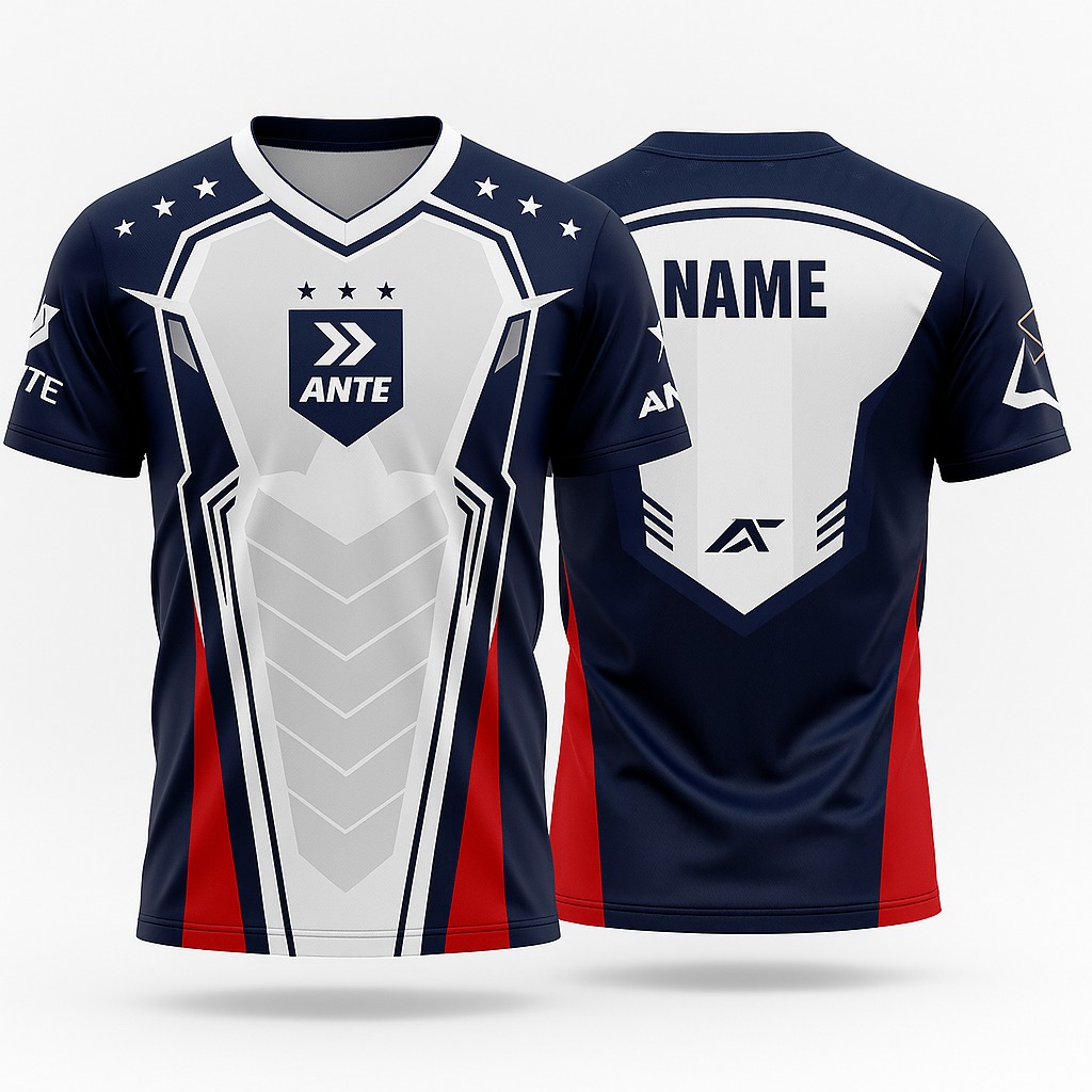 Koszulka sportowa z nadrukiem ANTE, widok z przodu i z tyłu. Granatowo-biało-czerwona kolorystyka, gwiazdy na ramionach, logo i miejsce na imię na plecach. Grafika wektorowa.