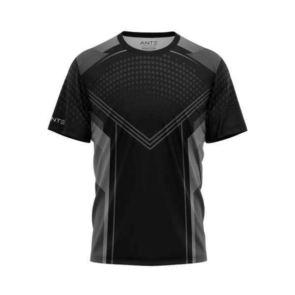 Czarna koszulka sportowa z szarymi wstawkami i geometrycznym wzorem, widoczna z przodu na białym tle. Grafika z efektem kropek na górze. Krótki rękaw.